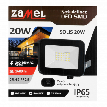 Naświetlacz LED SOLIS 20W 230V IP65 czarny, barwa biała neutralna TYP: NAS-20WN