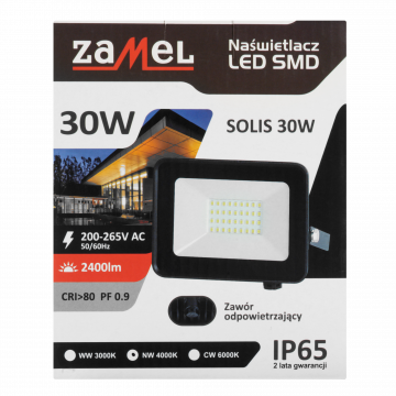 Naświetlacz LED SOLIS 30W 230V IP65 czarny, barwa biała ciepła TYP: NAS-30WW