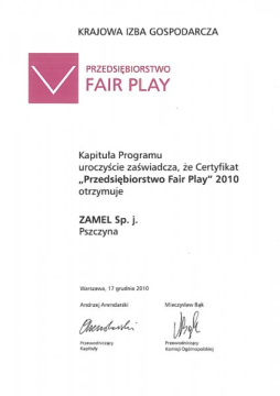 Certyfikat Przedsiębiorstwo Fair Play dla ZAMEL CET